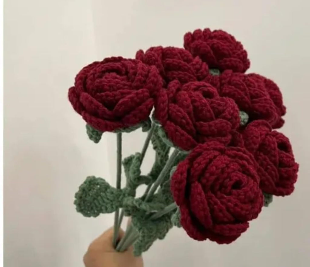 Handmade Crochet Rose Bouquet, Burgundy, Knitted Artificial Flowers with Green Stems and Leaves