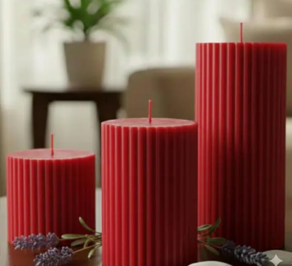 Ribbed Pillar Candles, Red, Set of 3, Decorative Home Decor, Unscented