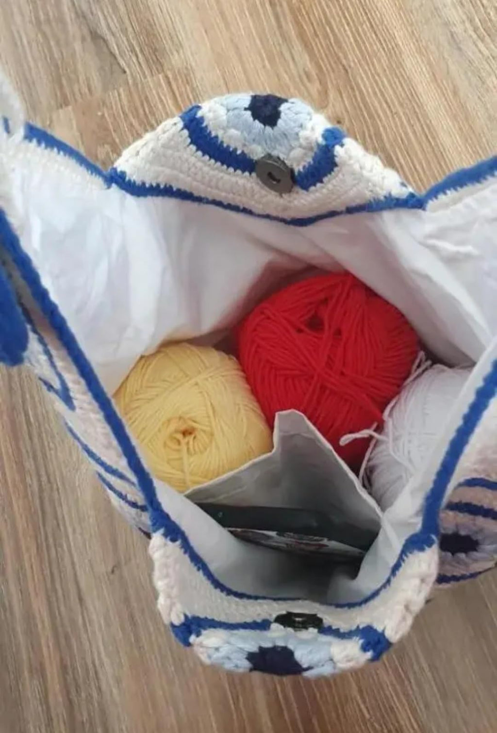 Handmade Crochet Tote Bag, Blue and Beige, Evil Eye Pattern, Boho Shoulder Bag with Granny Square Design