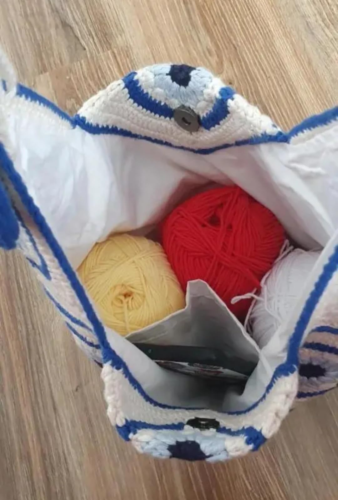 Handmade Crochet Tote Bag, Blue and Beige, Evil Eye Pattern, Boho Shoulder Bag with Granny Square Design