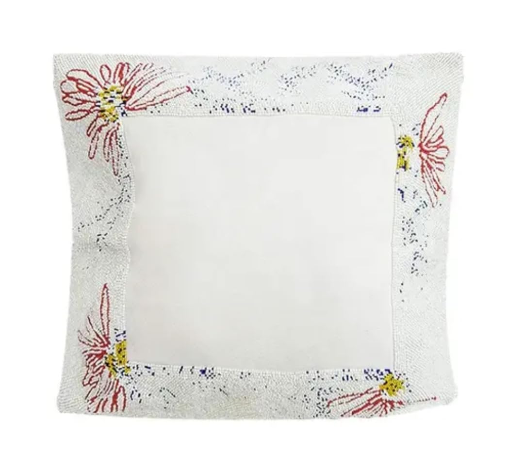 Beaded Throw Pillow Cover, White with Floral Embroidery, Square Decorative Cushion Cover