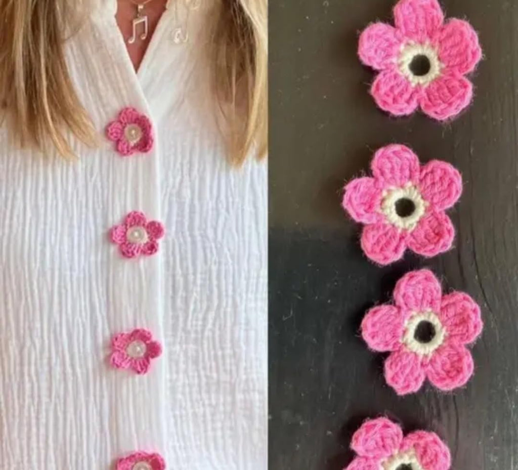 Crochet Flower Buttons, Pink, Handmade Floral Embellishments for Clothing, Set of 6