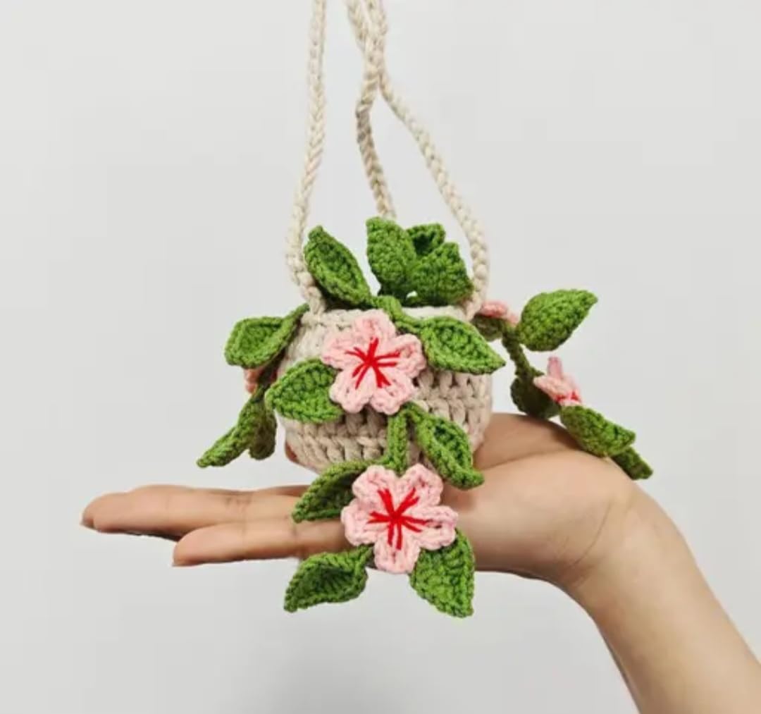 Handmade Crochet Hanging Planter, Miniature Flower Pot with Pink Blooms, Green Leaves, Boho Home Decor