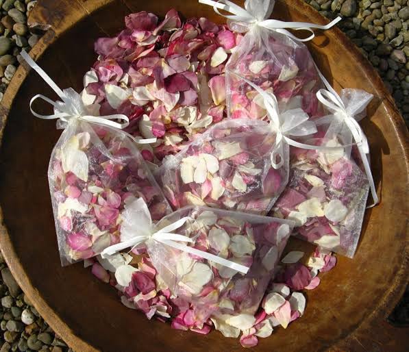 Natural Dried Rose Petals in Organza Bags, Pink and White, Wedding Confetti,25 Sachets, Medium Size