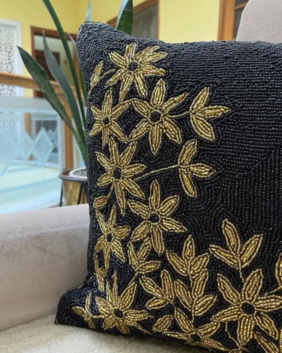 Black Beaded Throw Pillow Cover with Gold Floral Embroidery, Decorative Cushion Cover