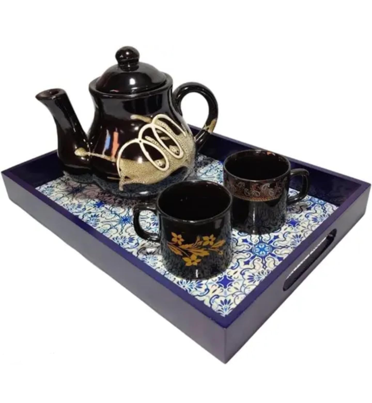 Decorative Serving Tray with Blue and White Floral Pattern, Navy Blue Frame, Large Rectangular Design with Handles