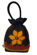 Decorative Drawstring Handbag, Black with Orange Floral Embroidery, Traditional Design, eco-friendly handcrafted Handbag