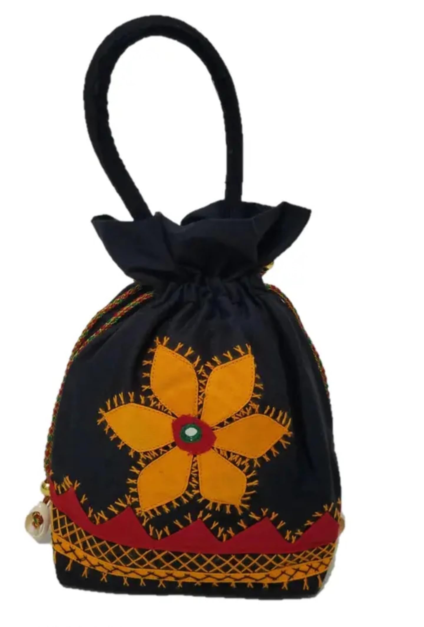 Decorative Drawstring Handbag, Black with Orange Floral Embroidery, Traditional Design, eco-friendly handcrafted Handbag