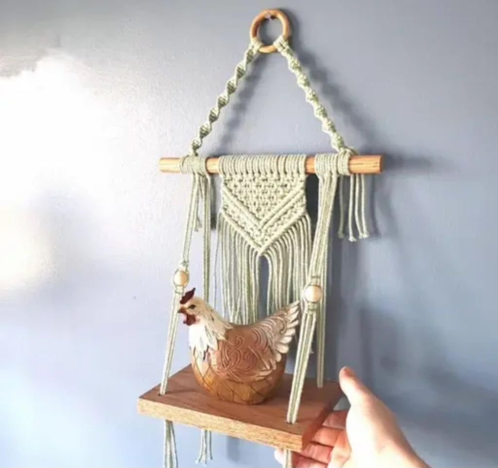 Macrame Wall Hanging Shelf, Decorative Boho Plant Holder with Wooden Display Shelf, Handwoven Cotton Rope