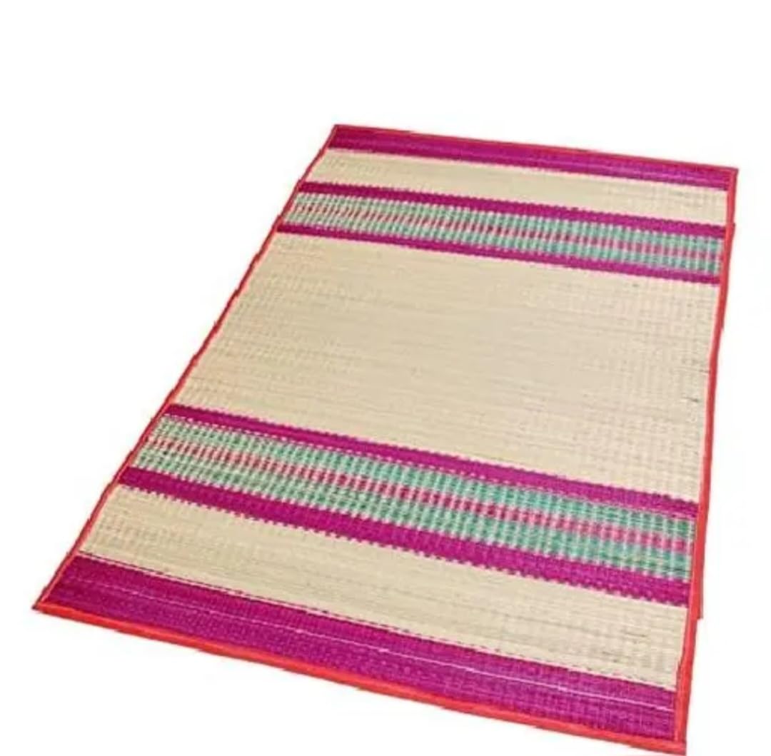 Woven Straw Beach Mat, Multicolor Striped Pattern, Natural and Pink, Rollable Floor Mat