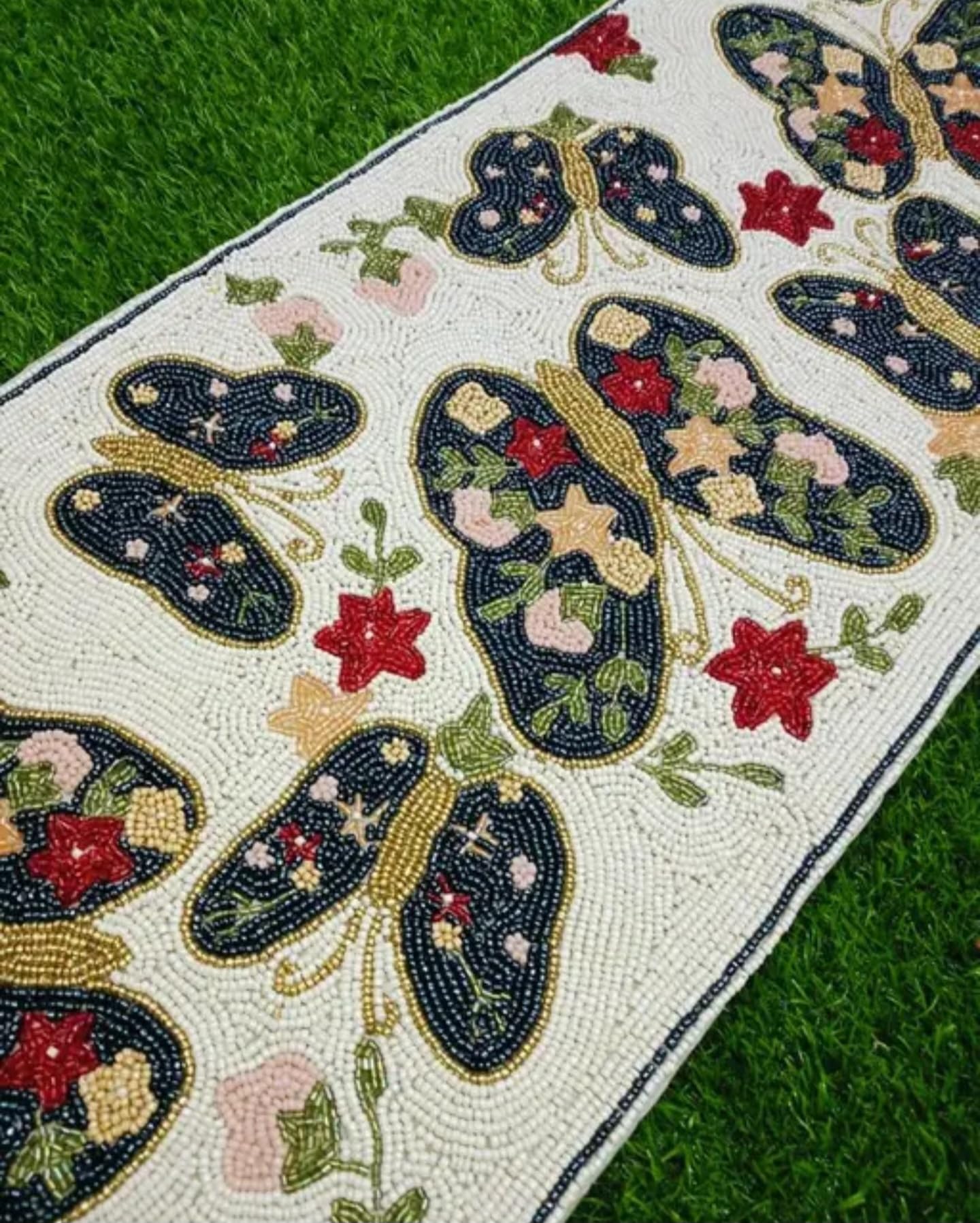 Floral Butterfly Runner Rug, Hooked Design, Cream with Navy Blue Butterflies, Red and Pink Flowers