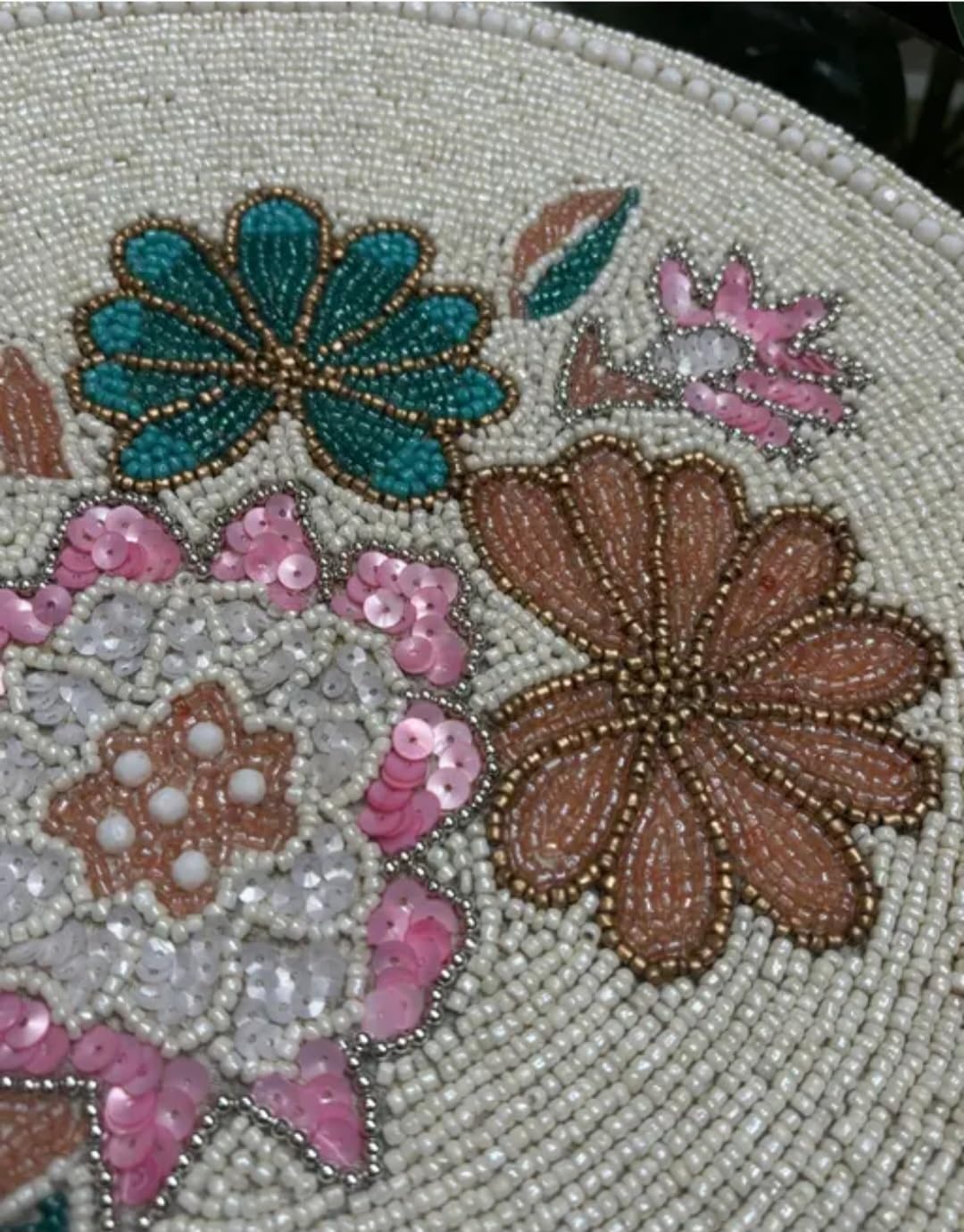 Beaded Round Placemat, Floral Embroidered Design, White with Multicolor Flowers, Handcrafted Table Decor
