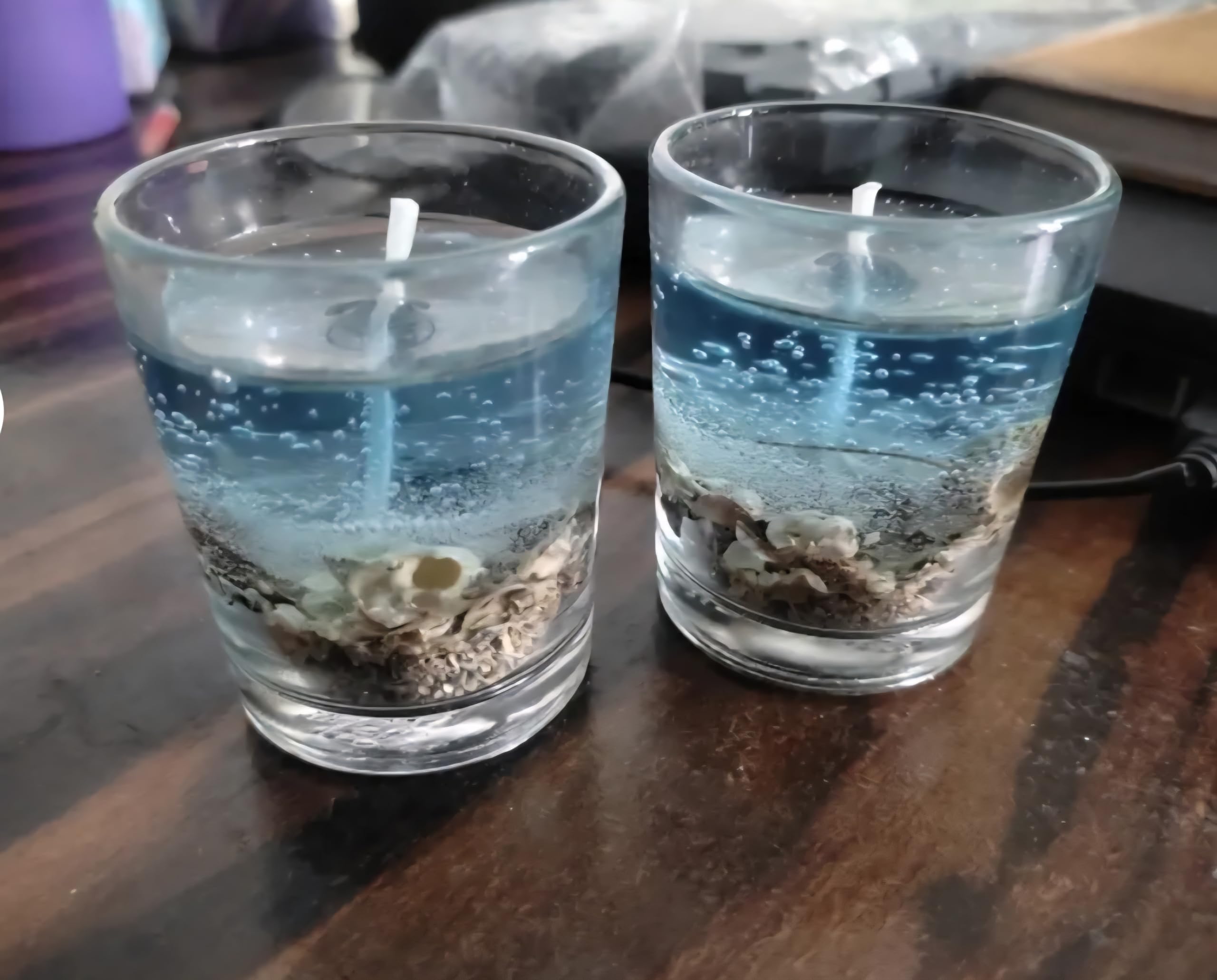Ocean-Themed Glass Gel Candles, Set of 2, Blue Seashell Design