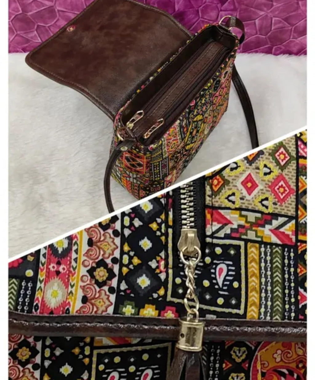 Bohemian Crossbody Bag, Patchwork Pattern with Tassel, Brown Leather Trim, Multi-Color, Traditional bag