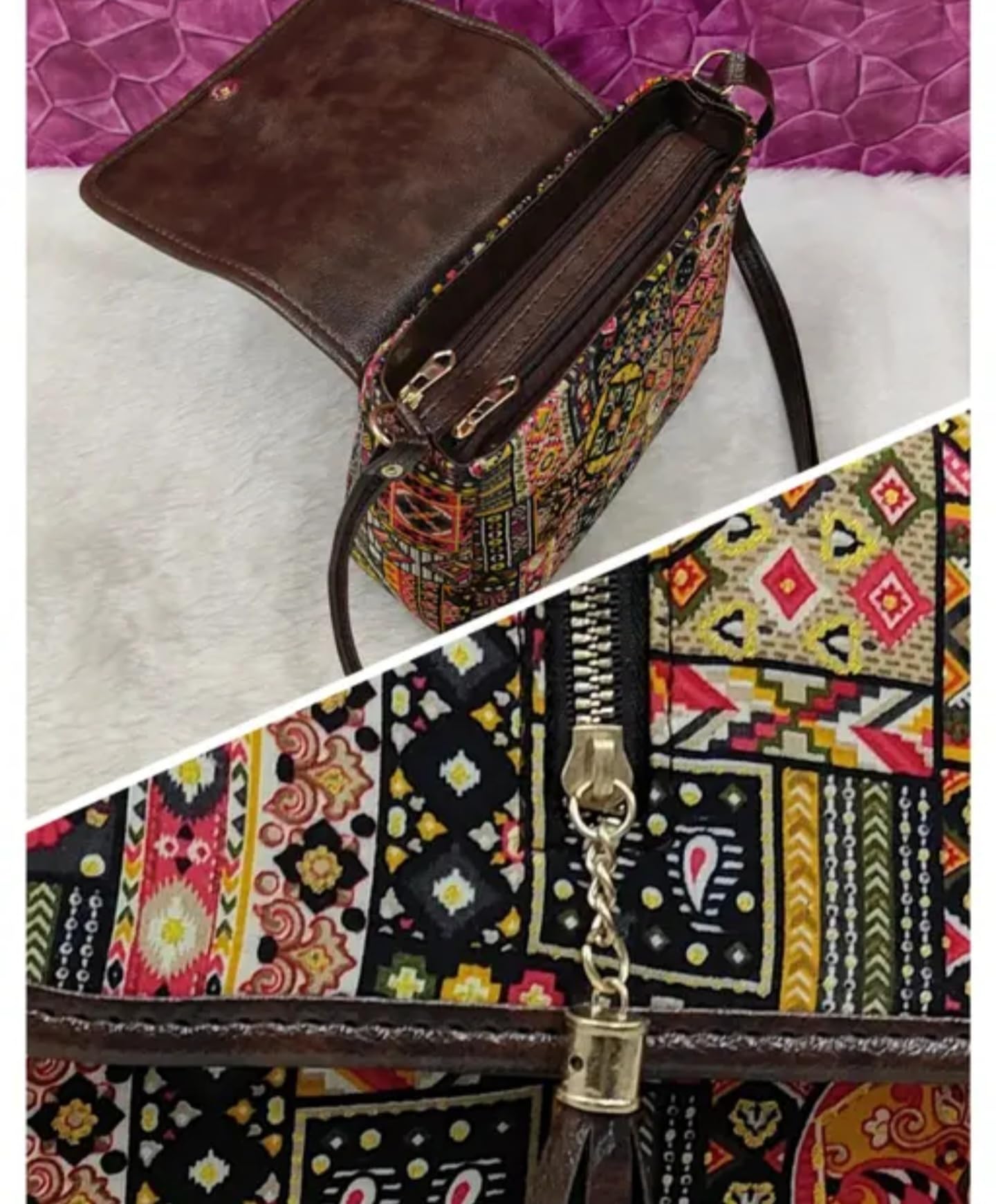 Bohemian Crossbody Bag, Patchwork Pattern with Tassel, Brown Leather Trim, Multi-Color, Traditional bag
