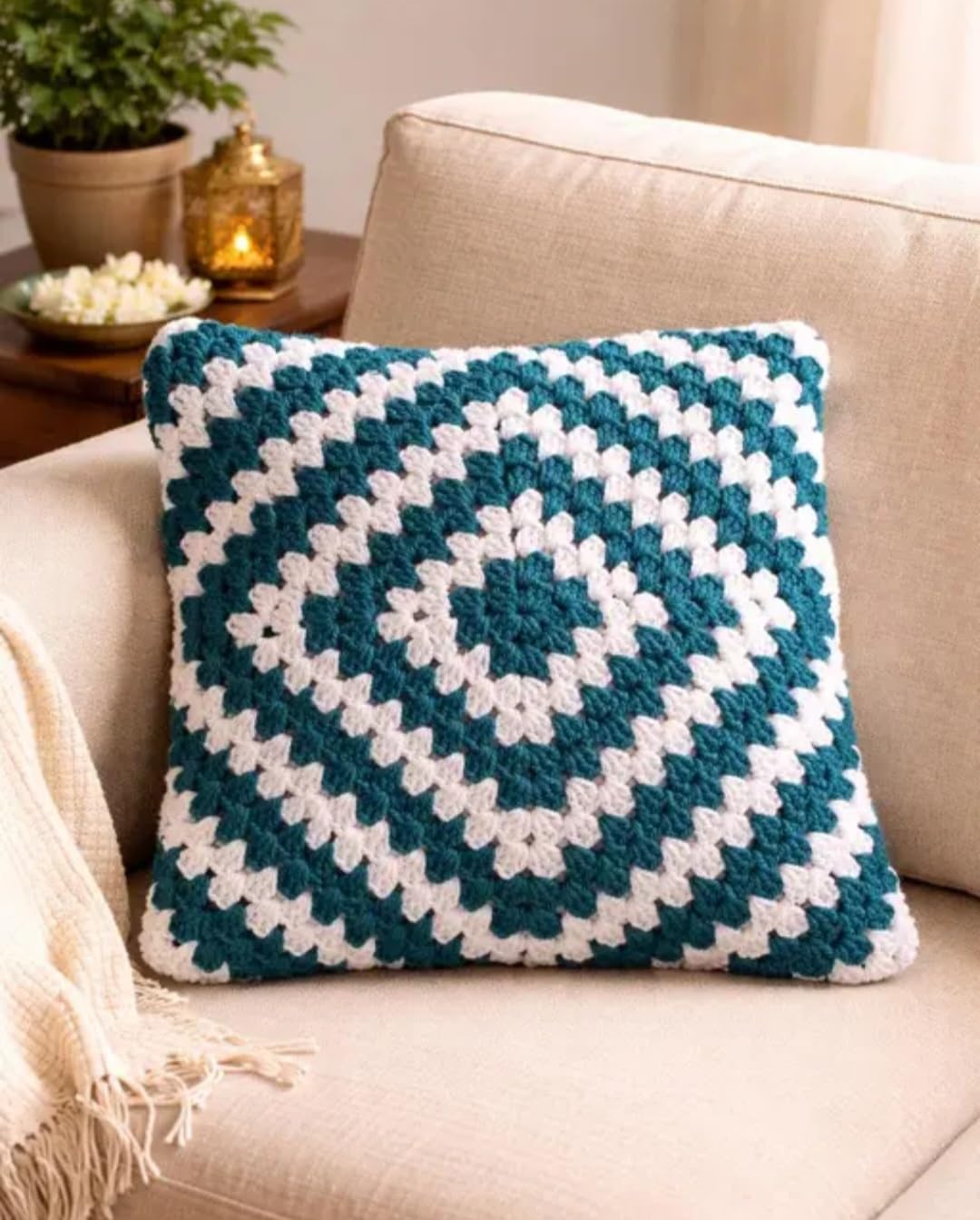 Crochet Granny Square Throw Pillow, Teal and White, Boho Style, Handmade Knit Cover