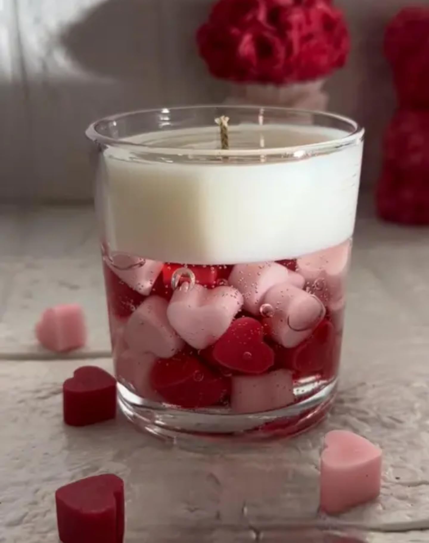 Valentine's Day Layered Glass Candle with Heart Decorations, Red and Pink, Romantic Scented Soy Wax, Love Theme