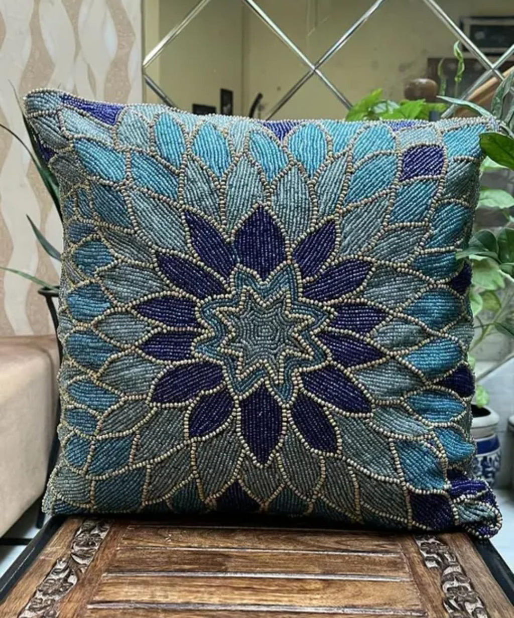 Beaded Throw Pillow Cover, Blue Floral Mandala Design, Handcrafted Glass Bead Embroidery, Boho Home Decor