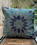 Beaded Throw Pillow Cover, Blue Floral Mandala Design, Handcrafted Glass Bead Embroidery, Boho Home Decor