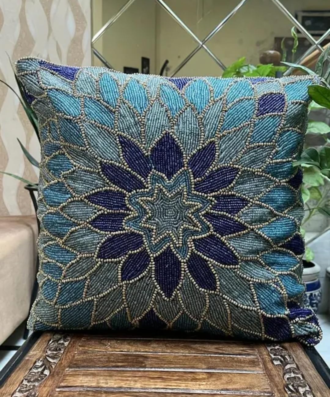 Beaded Throw Pillow Cover, Blue Floral Mandala Design, Handcrafted Glass Bead Embroidery, Boho Home Decor