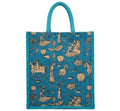 Jute Tote Bag, Teal Blue, Traditional Indian Art Print, Reusable Shopping Bag