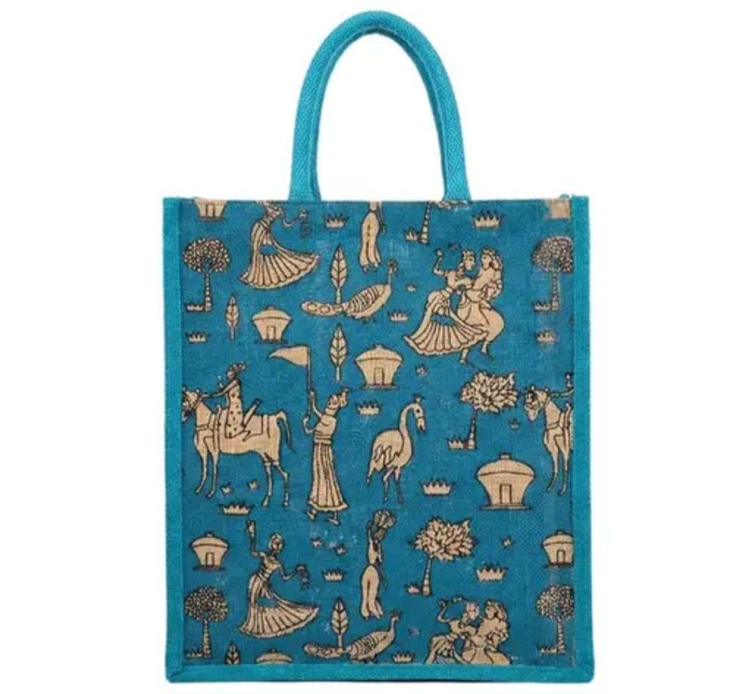 Jute Tote Bag, Teal Blue, Traditional Indian Art Print, Reusable Shopping Bag