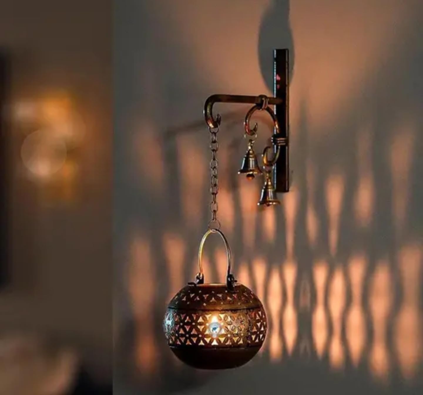 Decorative Hanging Incense Burner, Brass Antique Ball Design with Bells, Traditional Arabic Style