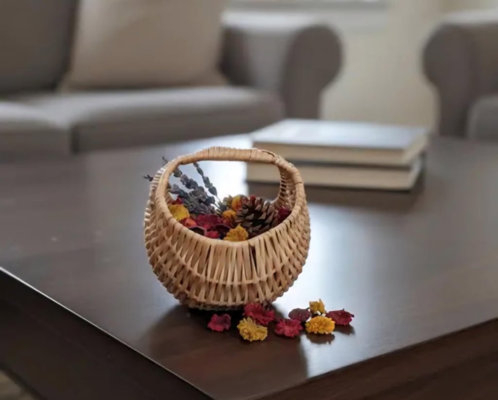 Small Wicker Basket with Handle, Round, Natural Woven Rattan, Miniature Decorative Storage