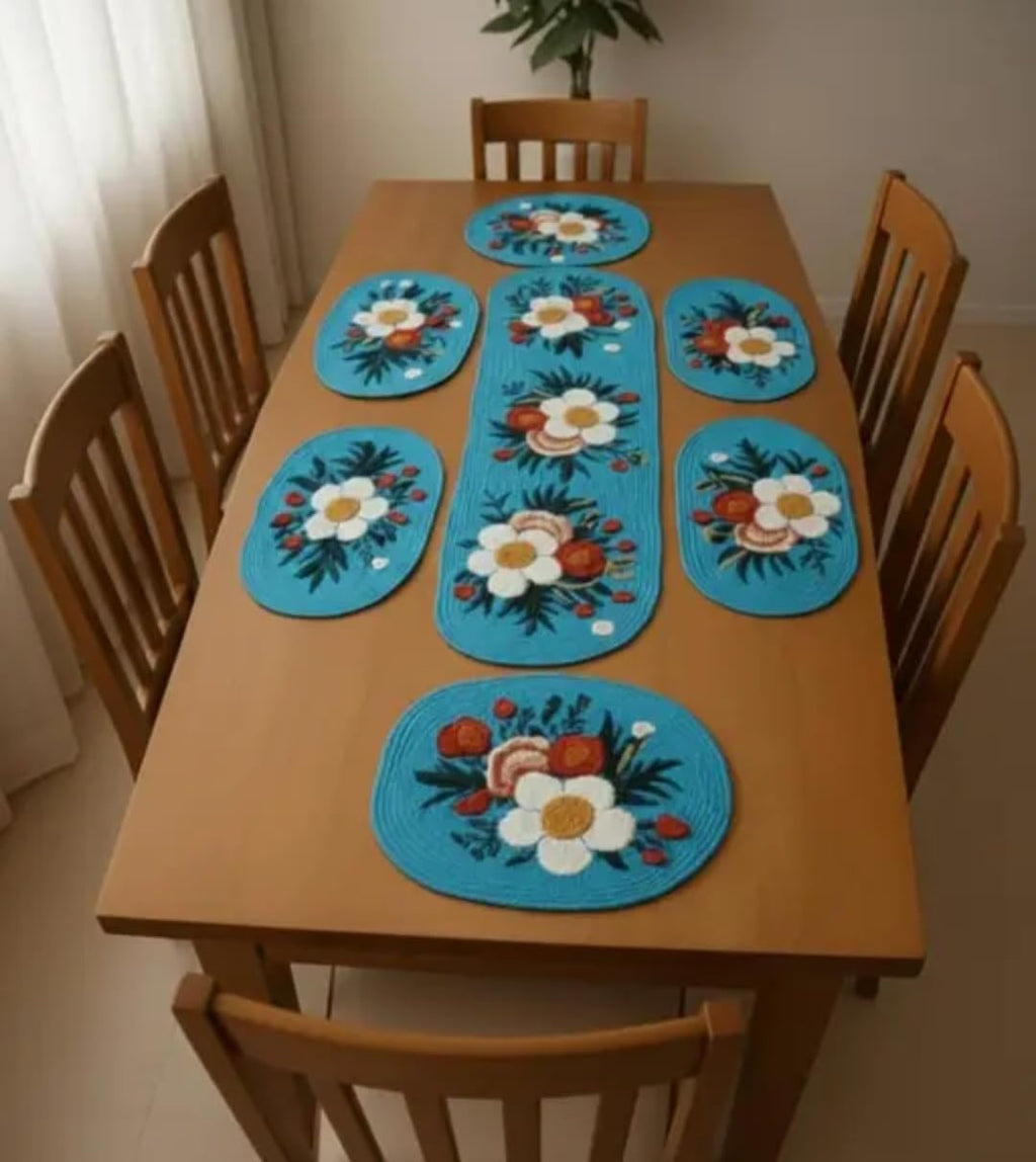 Turquoise Placemats with Floral Design, Round Table Mats, White Daisy Pattern, Set of 8