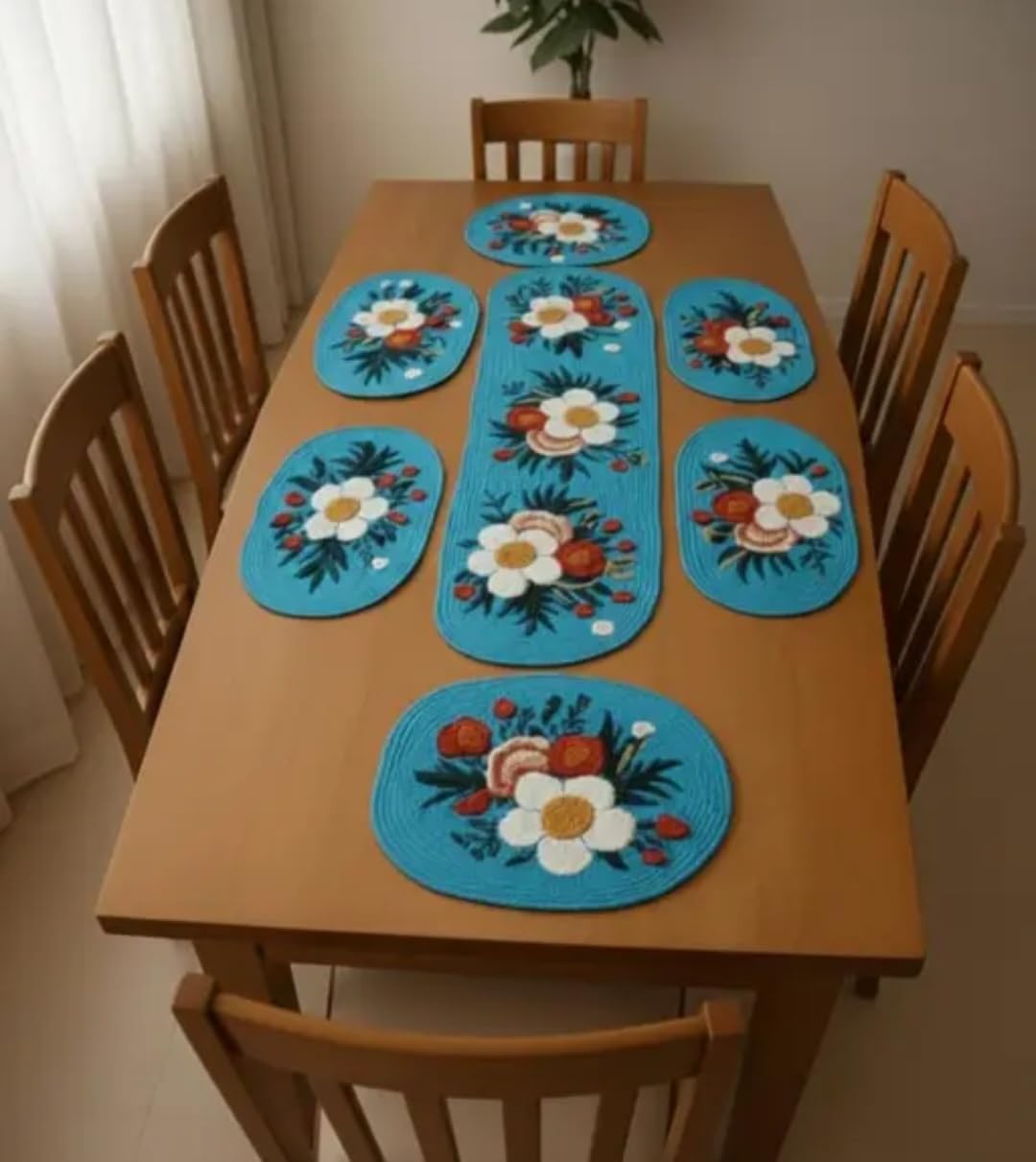 Turquoise Placemats with Floral Design, Round Table Mats, White Daisy Pattern, Set of 8