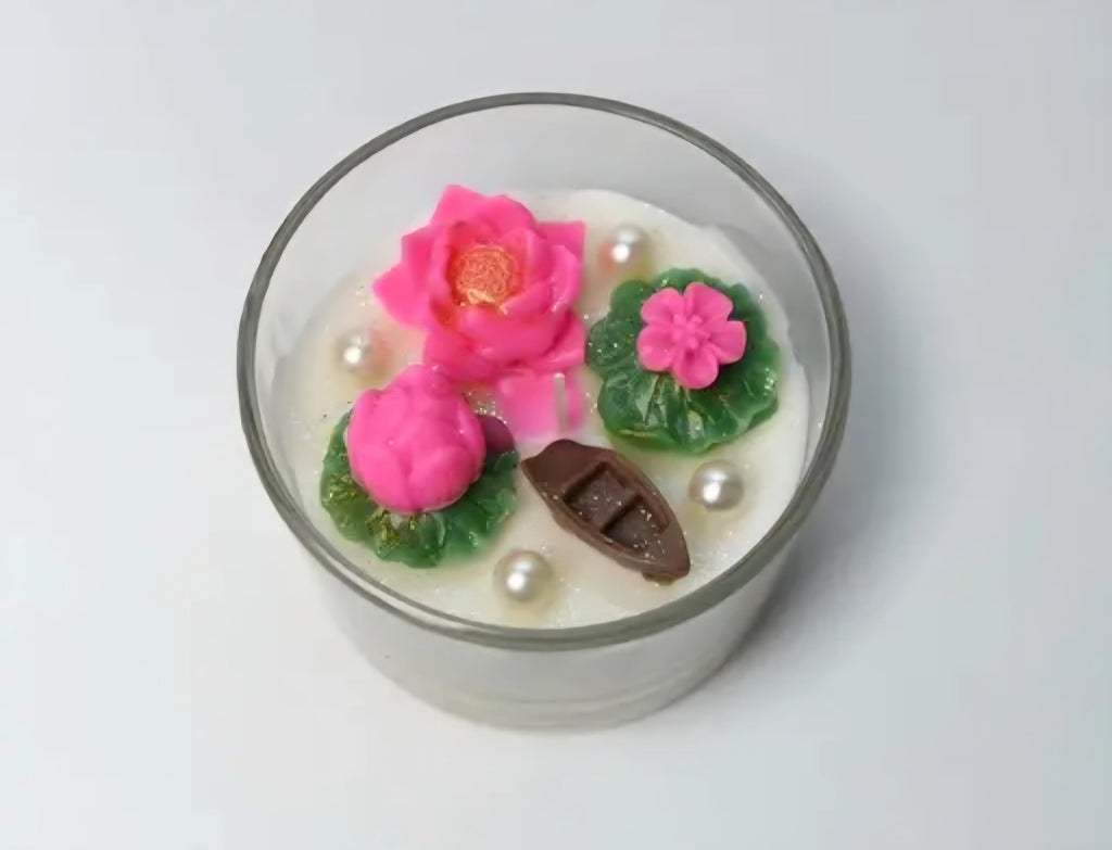 Decorative Glass Jar Candle with Pink Lotus Flower, Pearl Embellishments, Festive Home Decor