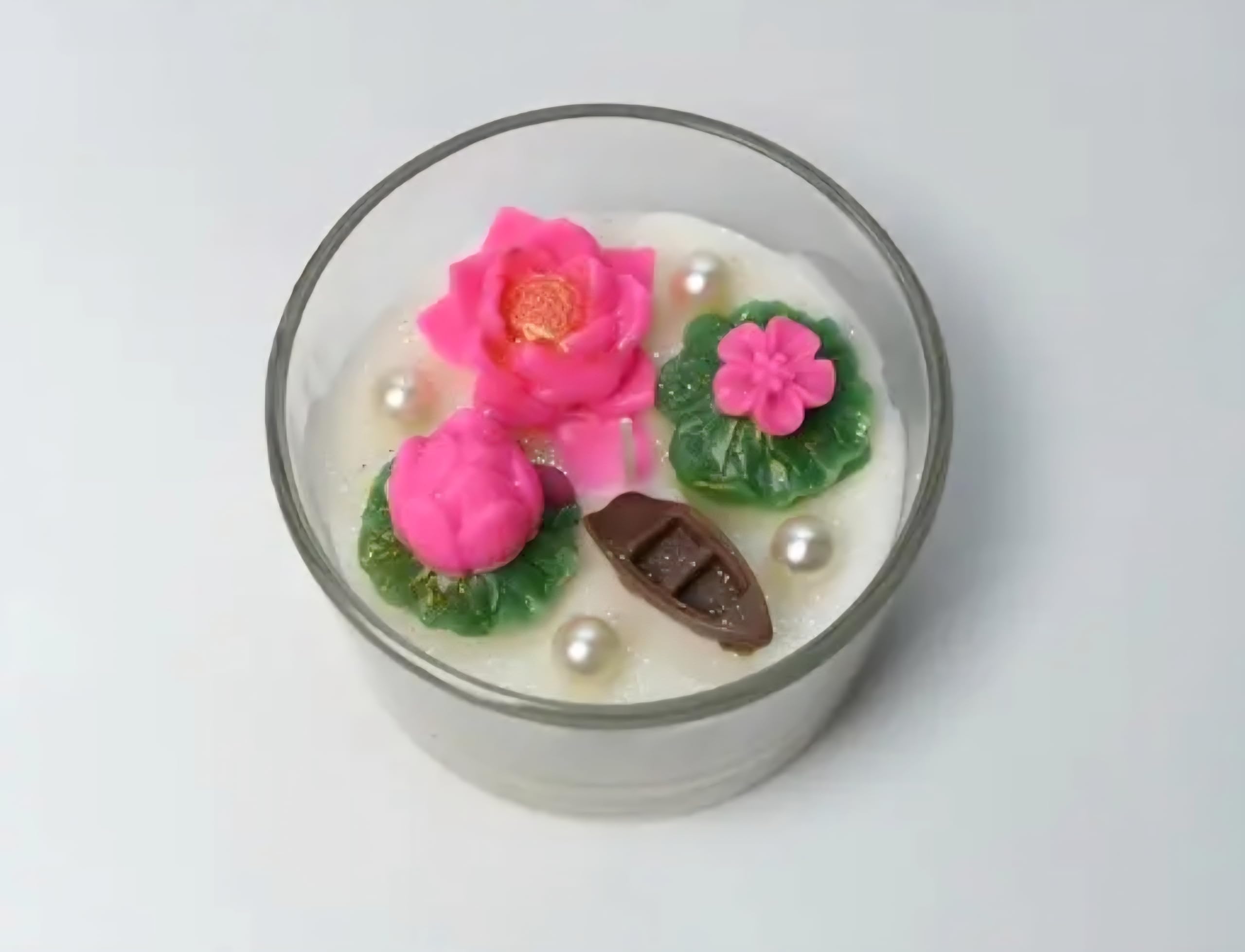 Decorative Glass Jar Candle with Pink Lotus Flower, Pearl Embellishments, Festive Home Decor