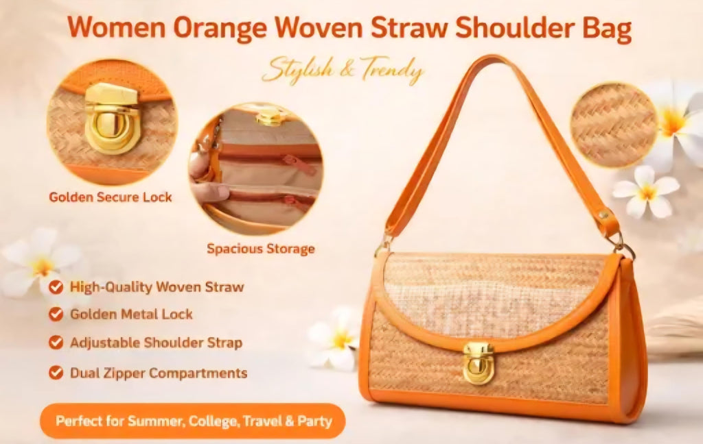 Woven Straw Crossbody Bag, Orange Trim, Gold Clasp, Shoulder Purse, Natural Beige