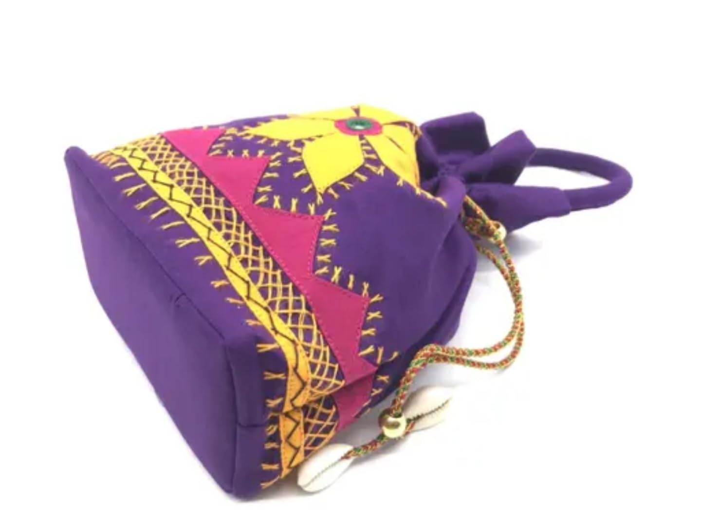 Decorative Handbag, Purple with Yellow Flower Design, Traditional Drawstring Purse, hand made, eco-friendly bag
