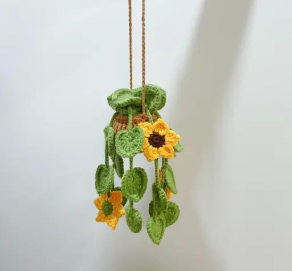 Crochet Hanging Planter, Sunflower and Leaf Vines, Handmade Knit Pot Decor, Boho Home Ornament