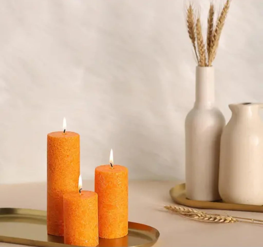Rustic Pillar Candles Set, Orange, 3 Different Sizes