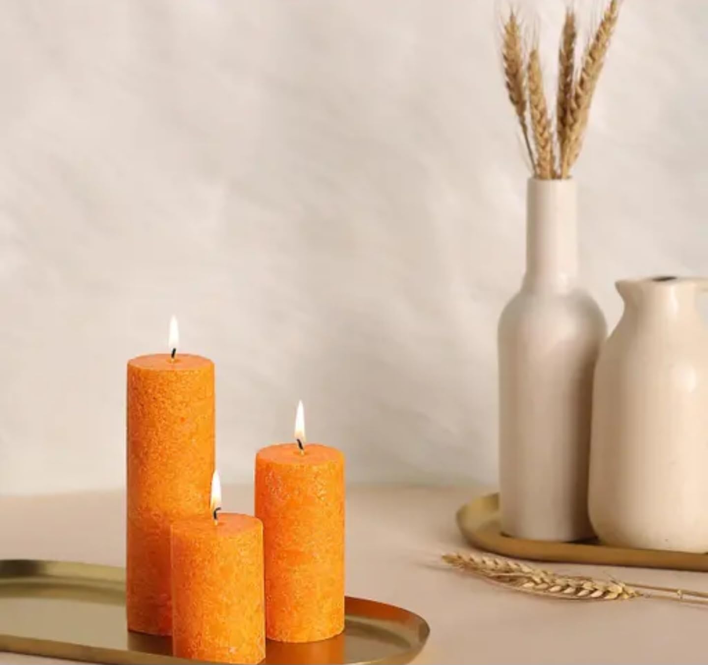 Rustic Pillar Candles Set, Orange, 3 Different Sizes