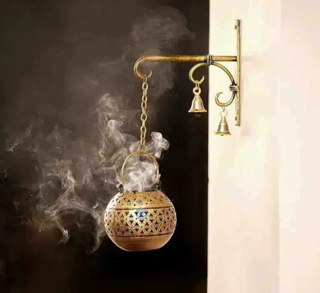 Decorative Hanging Incense Burner, Brass Antique Ball Design with Bells, Traditional Arabic Style