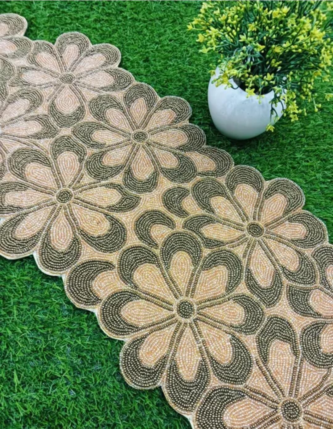 Beaded Table Runner, Floral Design, Gold and Brown, Handcrafted Decorative Home Decor