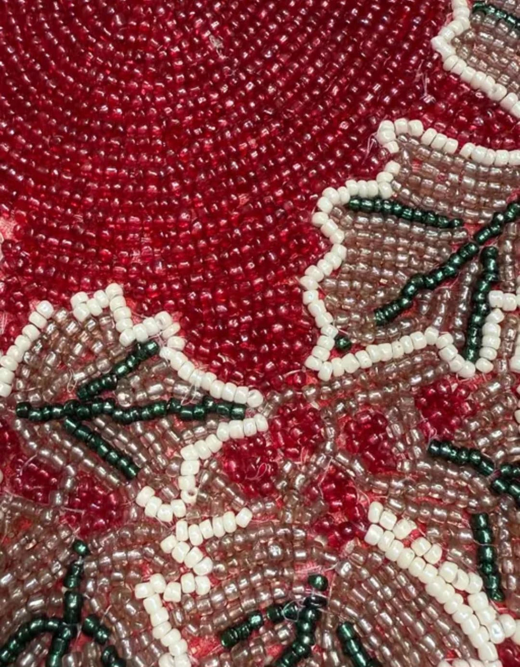Beaded Round Placemat, Red with Maple Leaf Border, Handcrafted Table Decor
