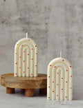 Arch Shape Pillar Candle, Ivory with Red Heart Pattern, Decorative Sculptural Design, Set of 2