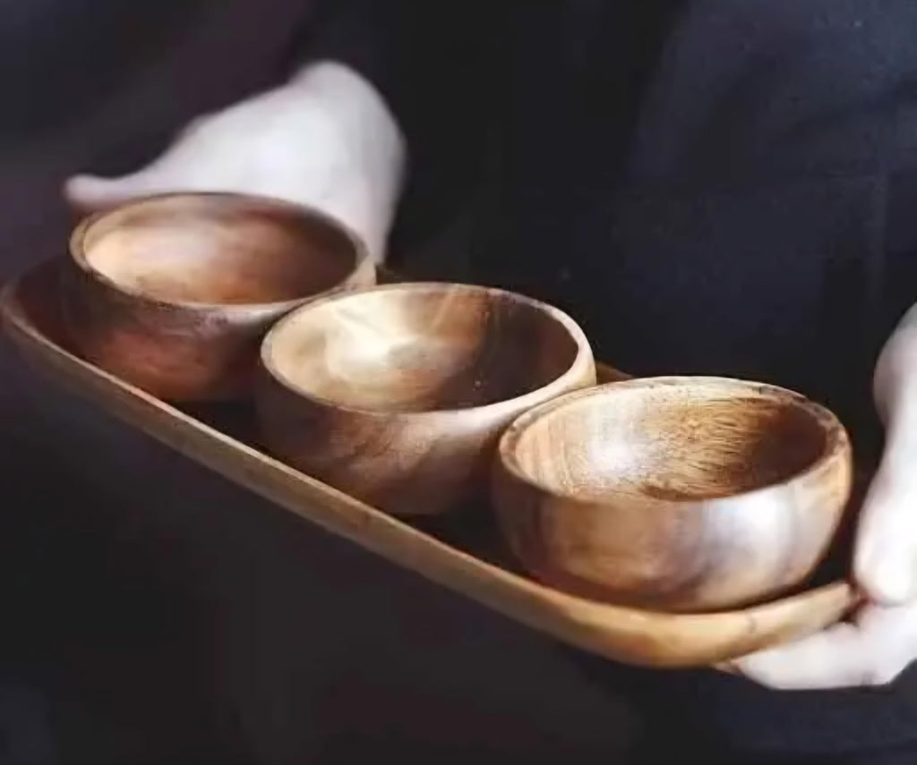 Wooden Serving Tray with Bowls Set, Natural Brown, 3 Round Bowls, Appetizer Snack Platter