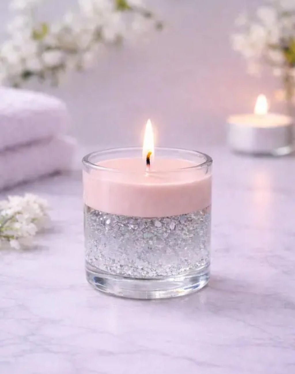 Pink Wax Candle in Clear Glass Jar with Silver Crystal Rocks, Elegant Home Decor