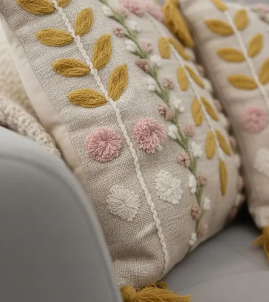 Handmade Boho Floral Embroidered Throw Pillow Cover with Tassels, Beige, Pink and Mustard, Decorative Cushion Case