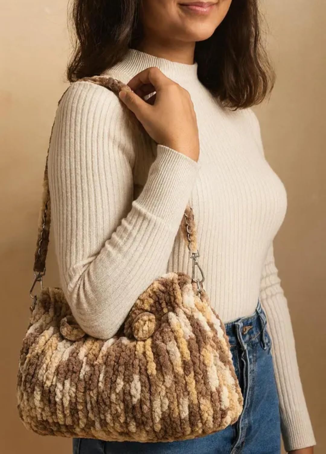 Handcrafted Crochet Crossbody Bag, Beige and Brown Checkered, Chain Strap, Boho Style