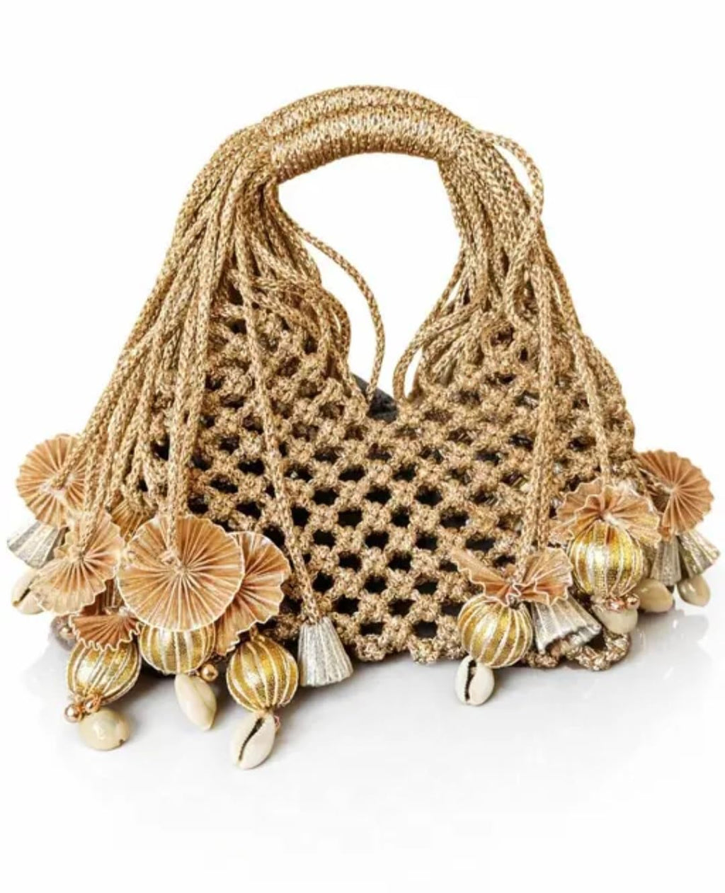 Macrame Net Tote Bag, Gold, Woven with Shell and Tassel Embellishments, Boho Beach Style