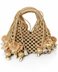Macrame Net Tote Bag, Gold, Woven with Shell and Tassel Embellishments, Boho Beach Style