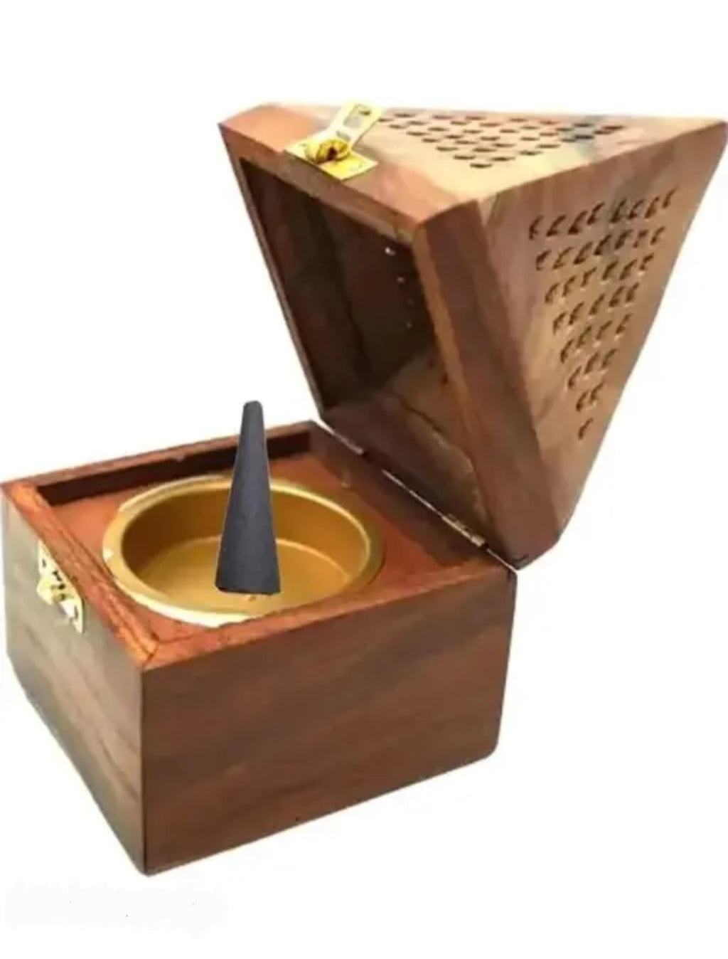 Wooden Pyramid Incense Burner Box with Brass Hinges, Carved Design, Smoke Flow Pattern, Cone Holder for Home Meditation