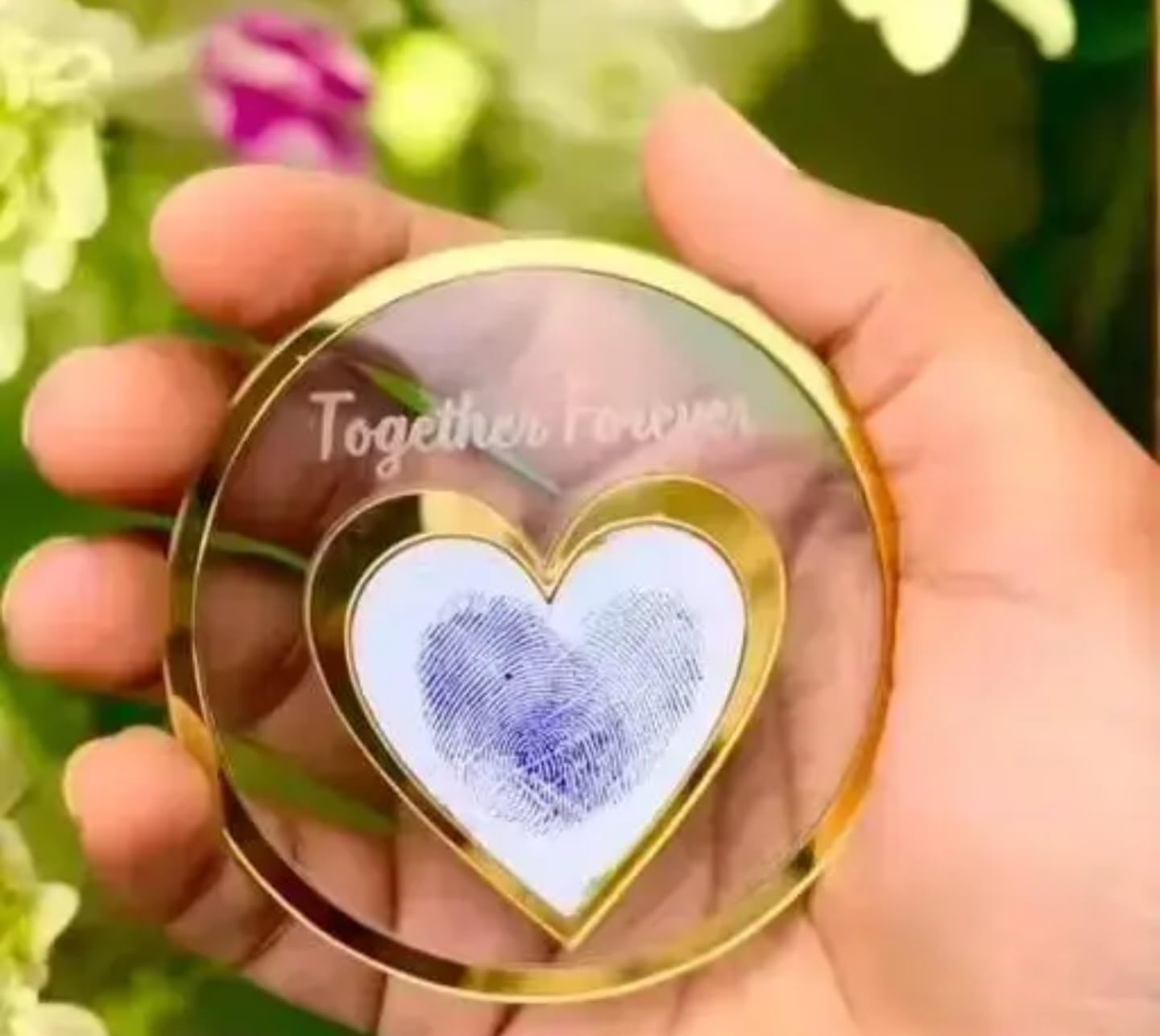 Together Forever Heart Photo Frame with Gold Trim, Decorative Display, Purple and Orange Floral Background