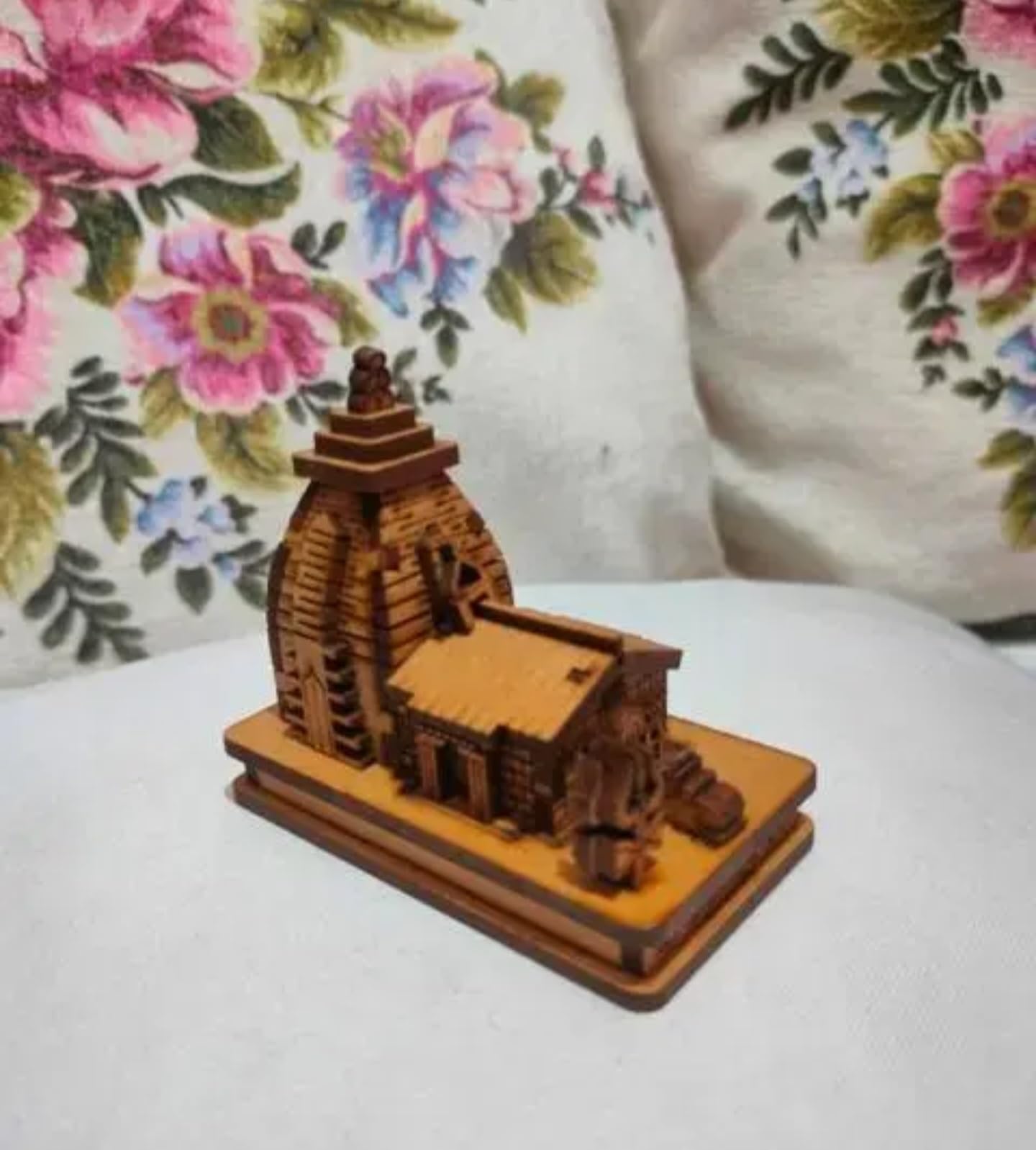 Wooden Temple Miniature, Handcrafted Traditional Indian Temple Model, Brown, Decorative Religious Architecture Showpiece for Home